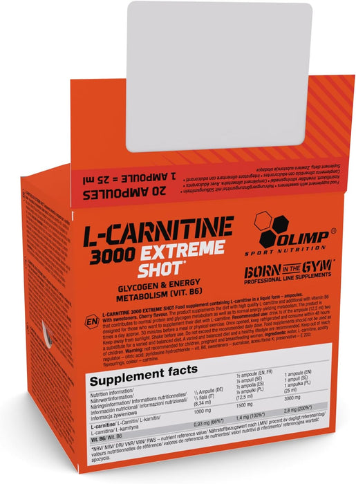 MySupplementShop Amino Acids and BCAAs Olimp Nutrition L-Carnitine 3000 Extreme Shot, Cherry - 20 x 25ml by Olimp Nutrition