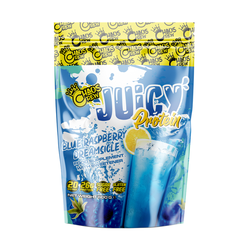 Chaos Crew Juicy Protein 600g Blue Raspberry Dreamsicle Best Value Sports Supplements at MYSUPPLEMENTSHOP.co.uk