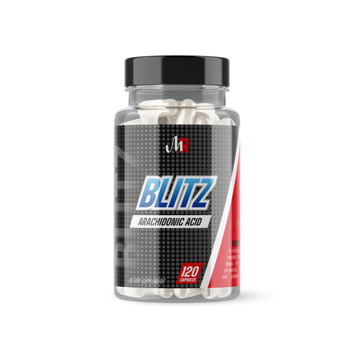 Muscle Rage Blitz arachidonic acid supplement with black pepper extract capsules in clear plastic bottle