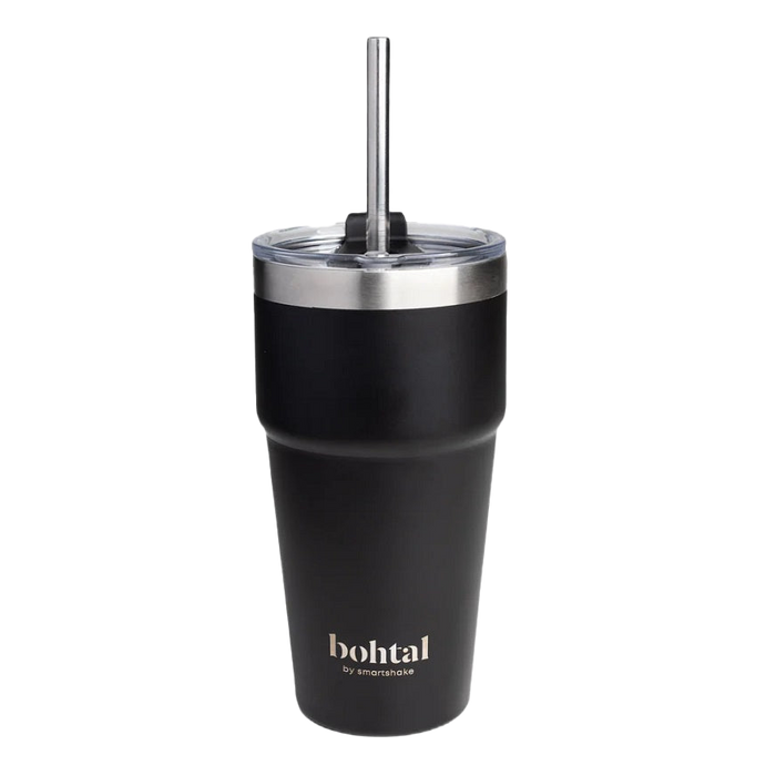 SmartShake Bohtal Double Insulated Travel Mug with Straw, Black 600ml for On-the-Go Hydration