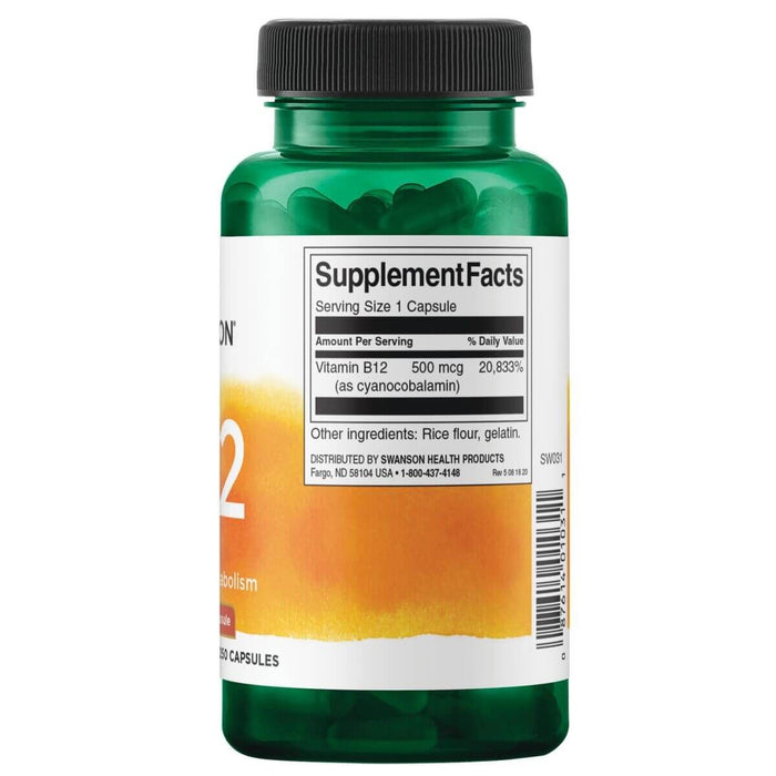 Swanson Vitamin B12 500mcg 250 Capsules | Premium Supplements at MYSUPPLEMENTSHOP