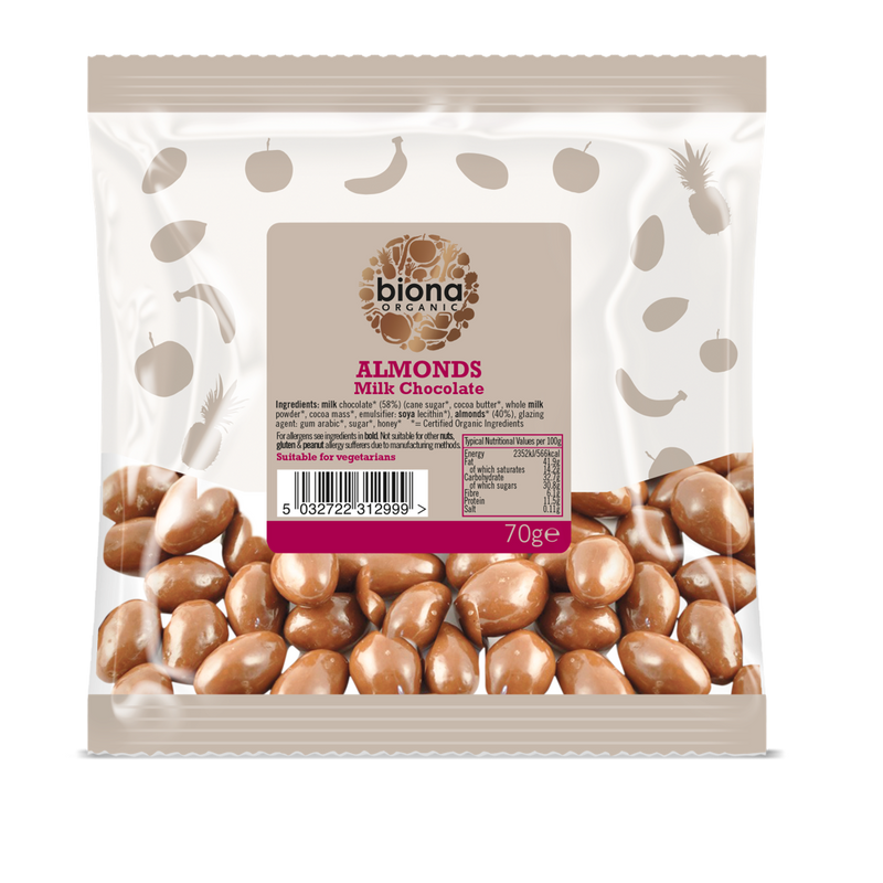 Biona Organic Milk Choc Almonds 70g | High-Quality Health Foods | MySupplementShop.co.uk