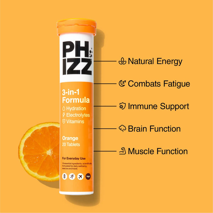 Phizz 2-in-1-Multivitamin- und Rehydrationselektrolyt-Brausetabletten, 12 x 20 Tabs, Orange