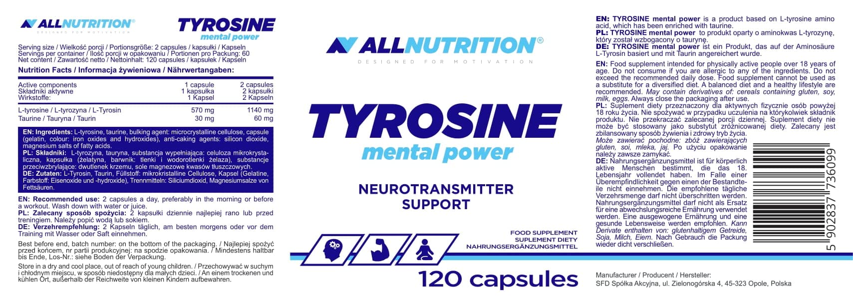 Allnutrition Tyrosine - 120 caps | High-Quality Combination Multivitamins & Minerals | MySupplementShop.co.uk