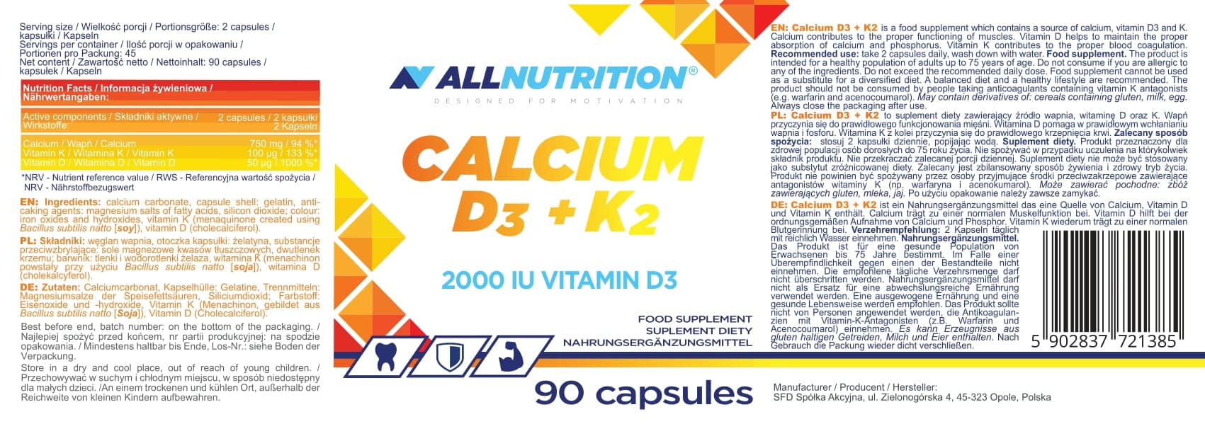 Allnutrition Calcium D3 + K2 - 90 caps | High-Quality Vitamins, Minerals & Supplements | MySupplementShop.co.uk